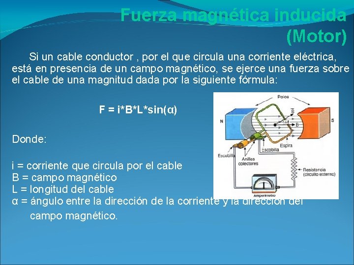 Fuerza magnética inducida (Motor) Si un cable conductor , por el que circula una Fuerza magnética inducida (Motor) Si un cable conductor , por el que circula una