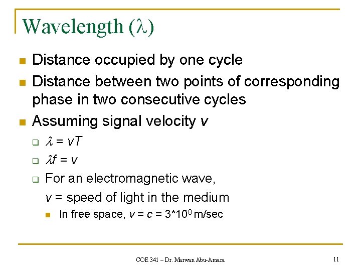 Wavelength ( ) n n n Distance occupied by one cycle Distance between two