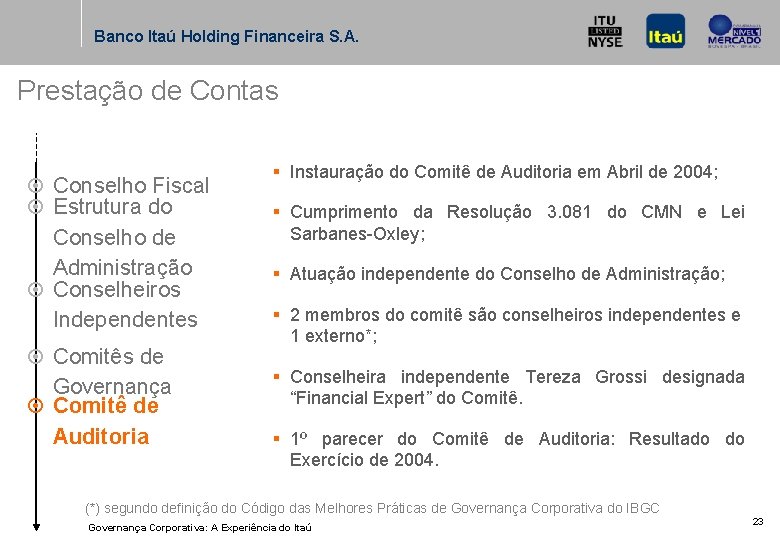 Banco Itaú Holding Financeira S. A. Prestação de Contas ¤ Conselho Fiscal ¤ Estrutura