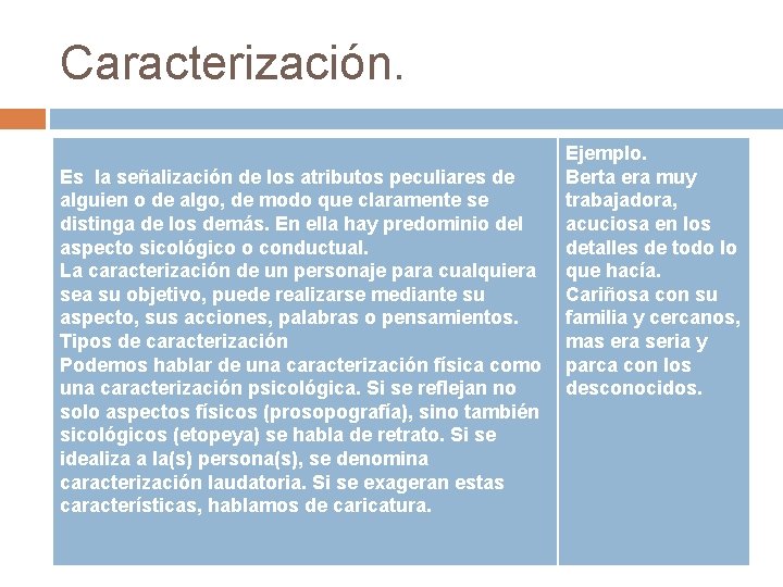 Caracterización. Es la señalización de los atributos peculiares de alguien o de algo, de