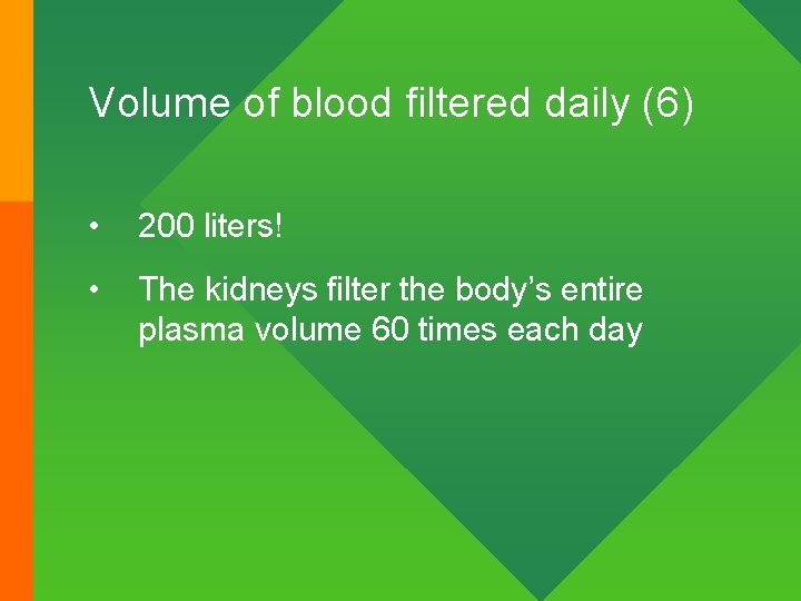 Volume of blood filtered daily (6) • 200 liters! • The kidneys filter the