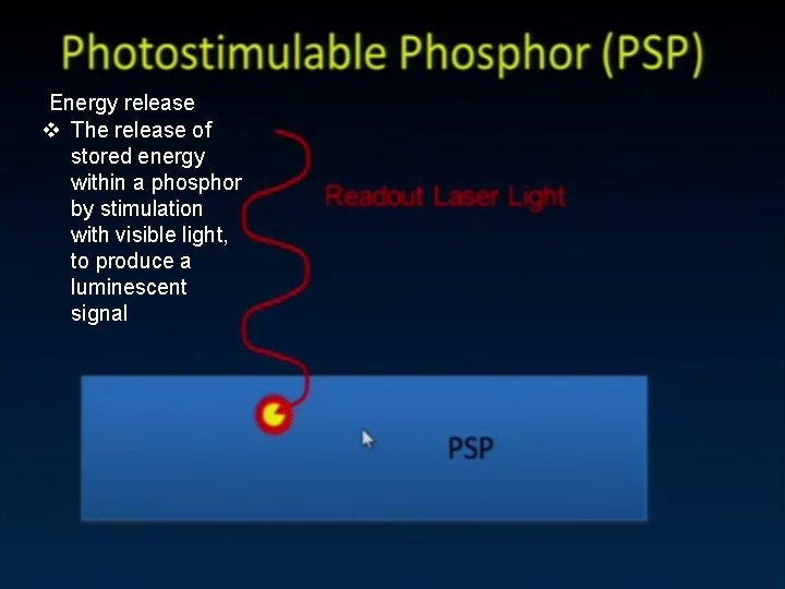 Energy release v The release of stored energy within a phosphor by stimulation with