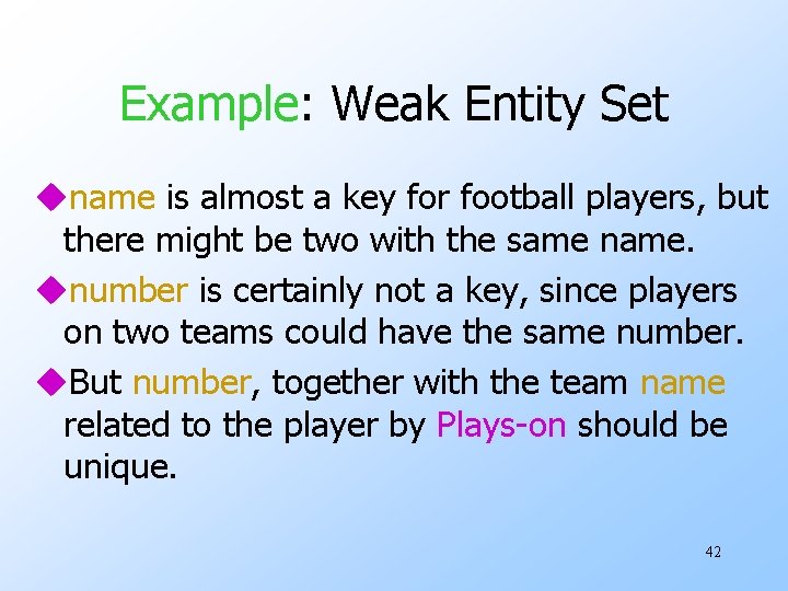 Example: Weak Entity Set uname is almost a key for football players, but there