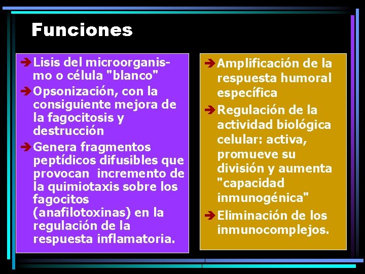 Funciones è Lisis del microorganismo o célula "blanco" è Opsonización, con la consiguiente mejora Funciones è Lisis del microorganismo o célula "blanco" è Opsonización, con la consiguiente mejora