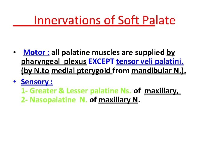 Innervations of Soft Palate • Motor : all palatine muscles are supplied by pharyngeal