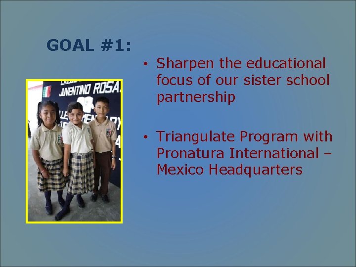 GOAL #1: • Sharpen the educational focus of our sister school partnership • Triangulate