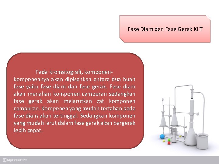 Fase Diam dan Fase Gerak KLT Pada kromatografi, komponennya akan dipisahkan antara dua buah