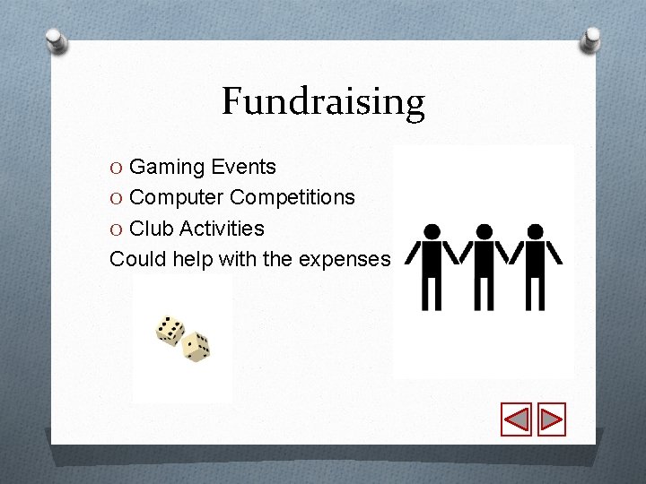 Fundraising O Gaming Events O Computer Competitions O Club Activities Could help with the