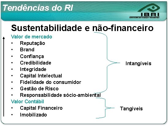 Tendências do RI Sustentabilidade e não-financeiro Valor de mercado • Reputação • Brand •