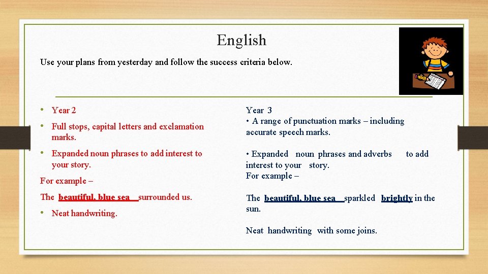 English Use your plans from yesterday and follow the success criteria below. • Year