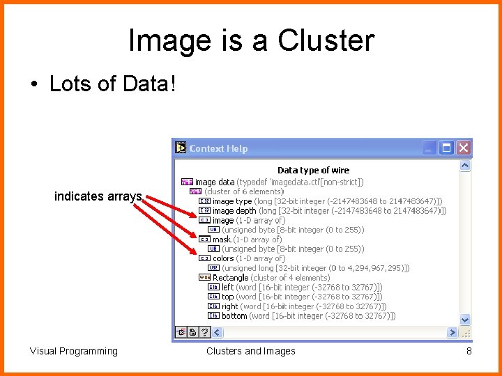 Image is a Cluster • Lots of Data! indicates arrays Visual Programming Clusters and