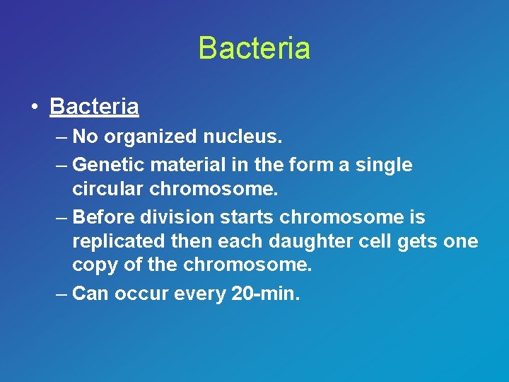 Bacteria • Bacteria – No organized nucleus. – Genetic material in the form a