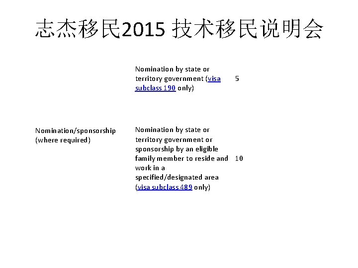 志杰移民 2015 技术移民说明会 Nomination by state or territory government (visa subclass 190 only) Nomination/sponsorship