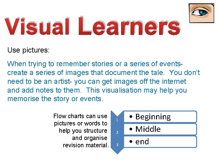 Visual Learners Use pictures: When trying to remember stories or a series of eventscreate