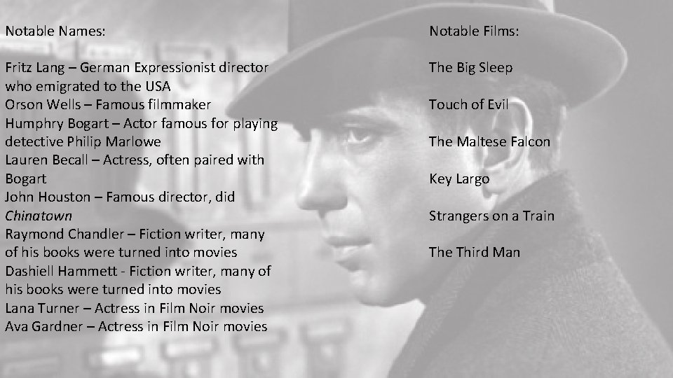 Notable Names: Notable Films: Fritz Lang – German Expressionist director who emigrated to the
