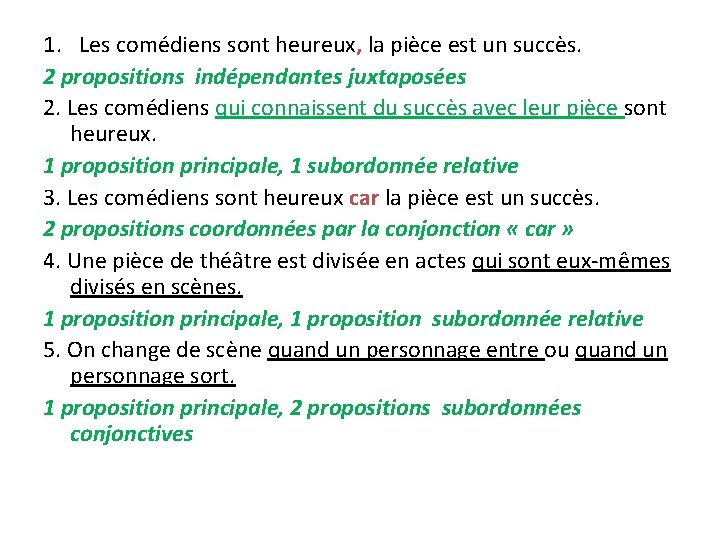 1. Les comédiens sont heureux, la pièce est un succès. 2 propositions indépendantes juxtaposées