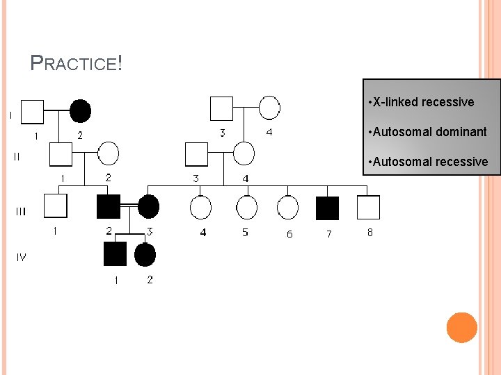 PRACTICE! • X-linked recessive • Autosomal dominant • Autosomal recessive 