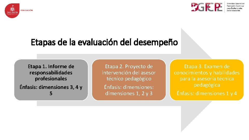 Etapas de la evaluación del desempeño Etapa 1. Informe de responsabilidades profesionales Énfasis: dimensiones