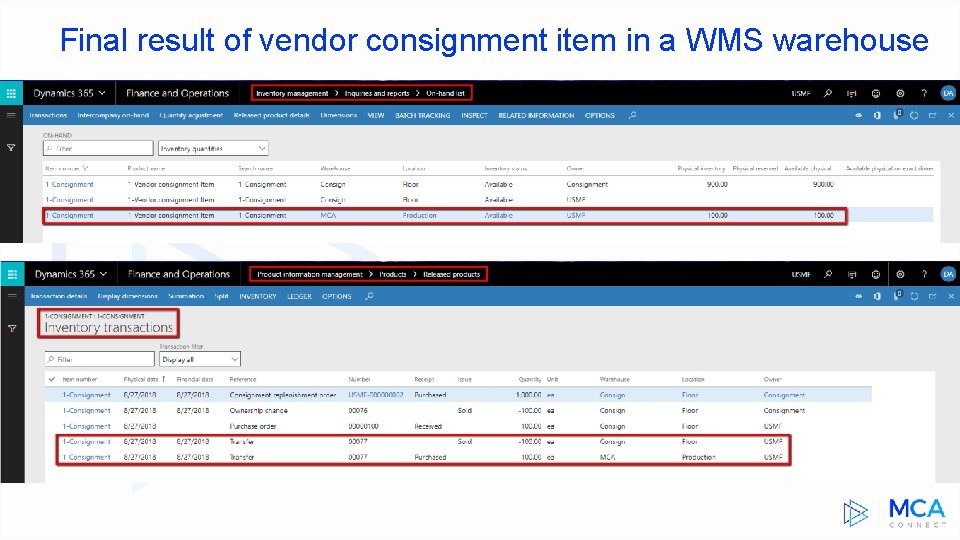 Final result of vendor consignment item in a WMS warehouse 