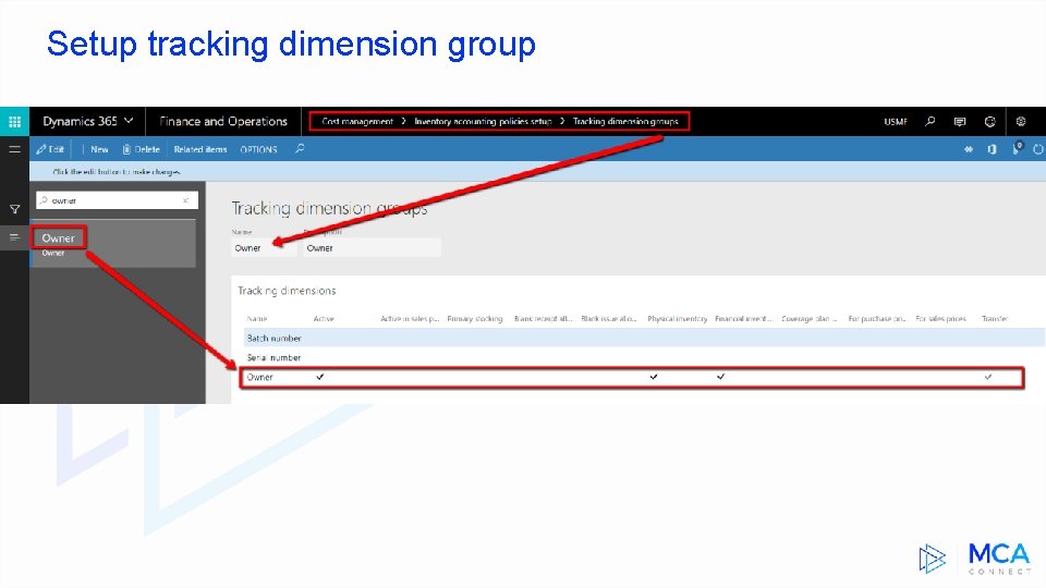Setup tracking dimension group 