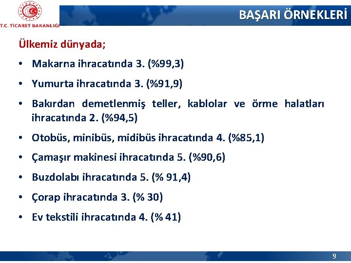 BAŞARI ÖRNEKLERİ Ülkemiz dünyada; • Makarna ihracatında 3. (%99, 3) • Yumurta ihracatında 3.