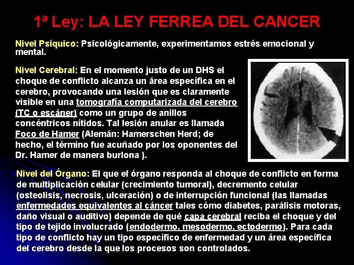 1ª Ley: LA LEY FERREA DEL CANCER Nivel Psíquico: Psicológicamente, experimentamos estrés emocional y