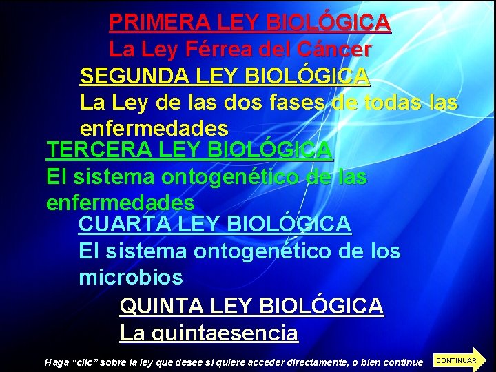 PRIMERA LEY BIOLÓGICA La Ley Férrea del Cáncer SEGUNDA LEY BIOLÓGICA La Ley de