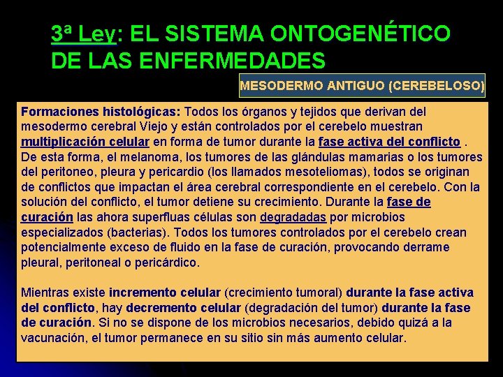 3ª Ley: EL SISTEMA ONTOGENÉTICO DE LAS ENFERMEDADES MESODERMO ANTIGUO (CEREBELOSO) Formaciones histológicas: Todos