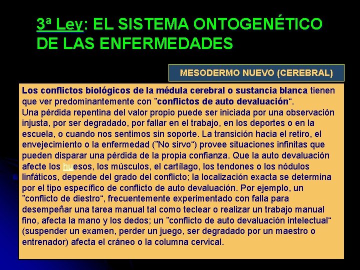 3ª Ley: EL SISTEMA ONTOGENÉTICO DE LAS ENFERMEDADES MESODERMO NUEVO (CEREBRAL) Los conflictos biológicos