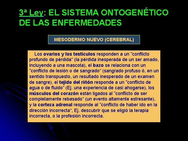 3ª Ley: EL SISTEMA ONTOGENÉTICO DE LAS ENFERMEDADES MESODERMO NUEVO (CEREBRAL) Los ovarios y