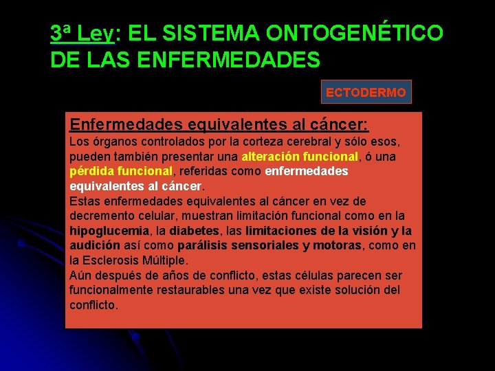 3ª Ley: EL SISTEMA ONTOGENÉTICO DE LAS ENFERMEDADES ECTODERMO Enfermedades equivalentes al cáncer: Los