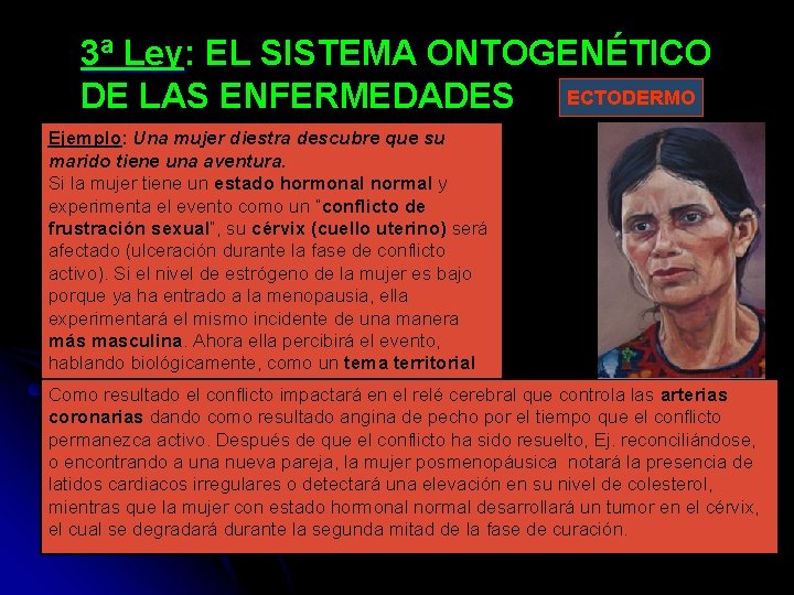 3ª Ley: EL SISTEMA ONTOGENÉTICO DE LAS ENFERMEDADES ECTODERMO Ejemplo: Una mujer diestra descubre