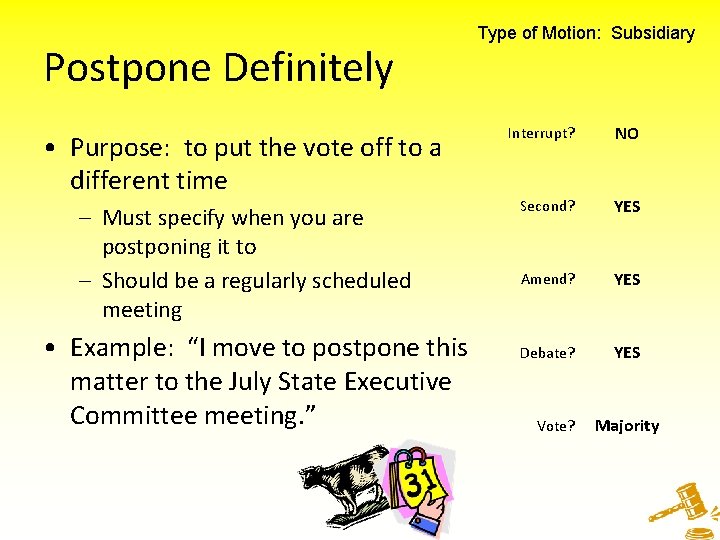 Postpone Definitely • Purpose: to put the vote off to a different time –