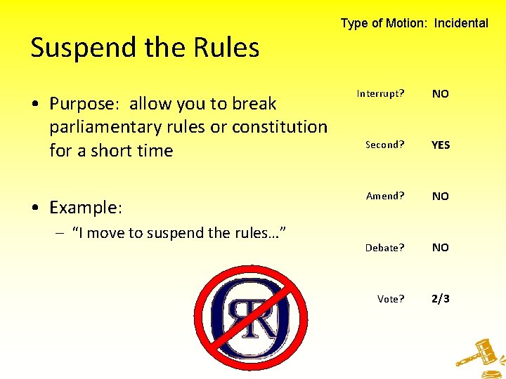 Suspend the Rules • Purpose: allow you to break parliamentary rules or constitution for