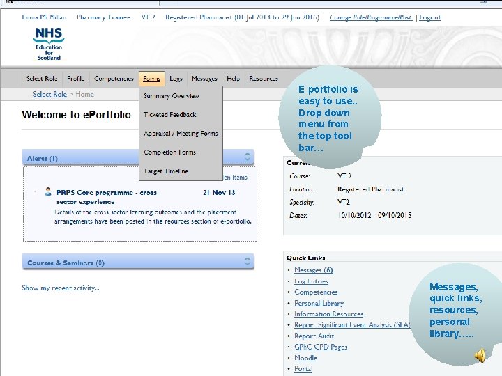 Pharmacy E portfolio is easy to use. . Drop down menu from the top
