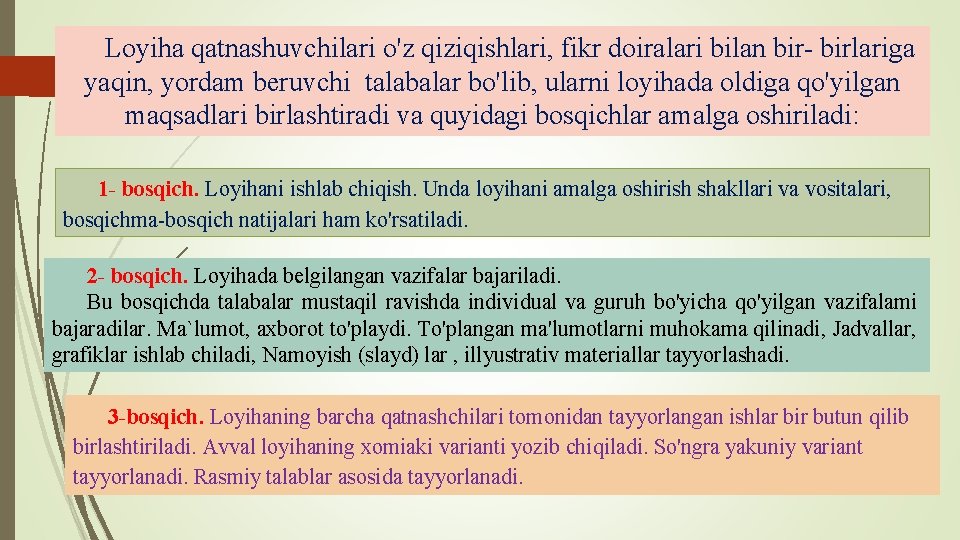 Loyiha qatnashuvchilari o'z qiziqishlari, fikr doiralari bilan bir- birlariga yaqin, yordam beruvchi talabalar bo'lib,