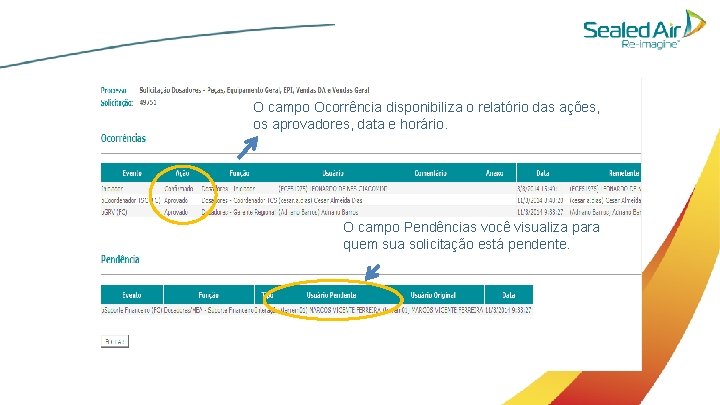 O campo Ocorrência disponibiliza o relatório das ações, os aprovadores, data e horário. O