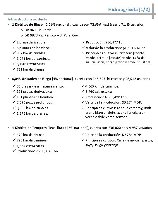 Hidroagrícola [1/2] Infraestructura existente • 2 Distritos de Riego. [2. 26% nacional], cuenta con