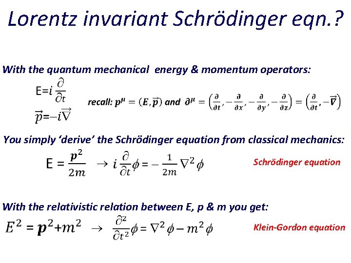 Lorentz invariant Schrödinger eqn. ? With the quantum mechanical energy & momentum operators: You