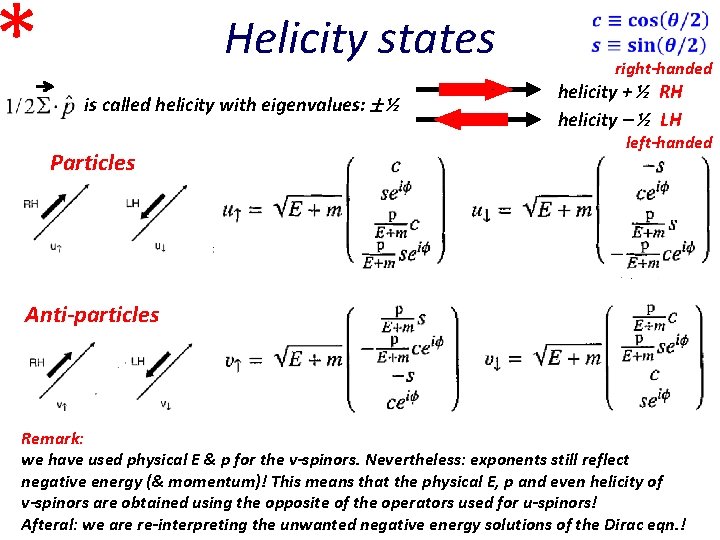 * Helicity states is called helicity with eigenvalues: ½ Particles right-handed helicity + ½