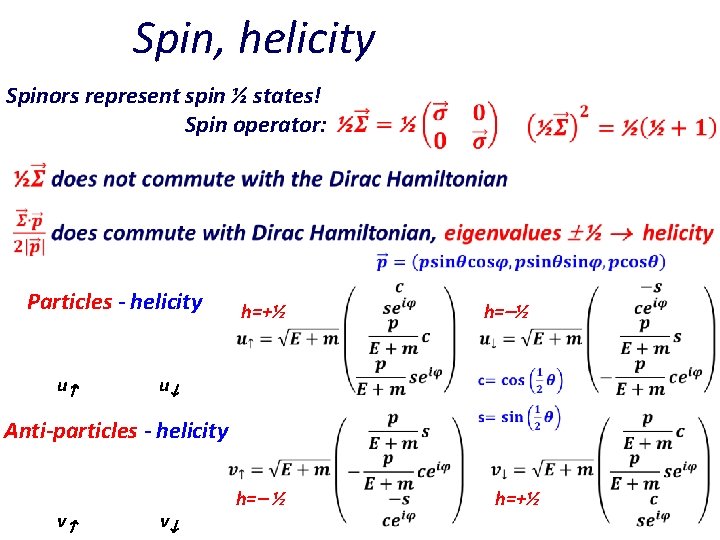 Spin, helicity & chirality Spinors represent spin ½ states! Spin operator: Particles - helicity