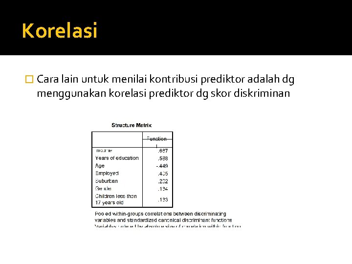 Korelasi � Cara lain untuk menilai kontribusi prediktor adalah dg menggunakan korelasi prediktor dg