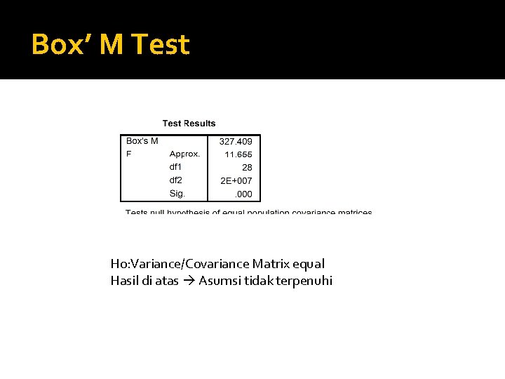 Box’ M Test H 0: Variance/Covariance Matrix equal Hasil di atas Asumsi tidak terpenuhi