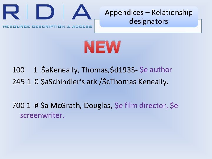 Appendices – Relationship designators NEW 100 1 $a. Keneally, Thomas, $d 1935 - $e