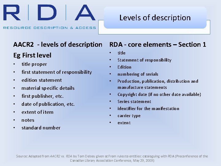 Levels of description AACR 2 - levels of description RDA - core elements –