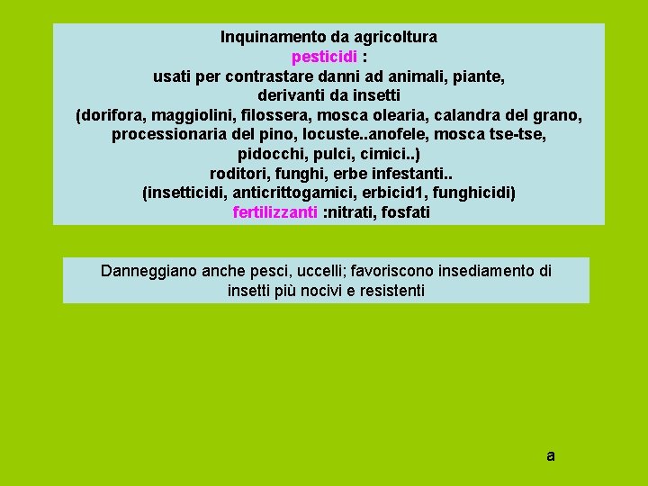 Inquinamento da agricoltura pesticidi : usati per contrastare danni ad animali, piante, derivanti da