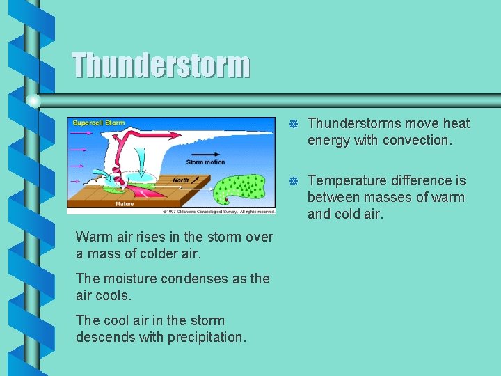Thunderstorm Warm air rises in the storm over a mass of colder air. The