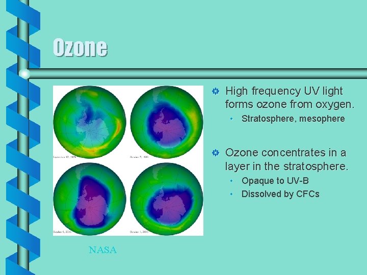 Ozone ] High frequency UV light forms ozone from oxygen. • Stratosphere, mesophere ]