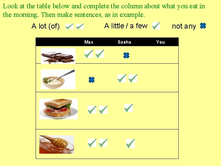 Look at the table below and complete the column about what you eat in