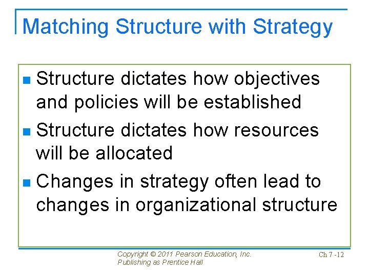 Matching Structure with Strategy Structure dictates how objectives and policies will be established n